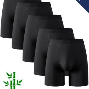 TEMU 5팩 LIUYIJJ 남성용 대나무 섬유 미드라이즈 복서 브리프 - 수분 흡수 통기성 속옷, 중간 신축성 솔리드 블랙 캐주얼 & 운동용 쇼츠, 청소년 및 젊은 성인용, 사계절 편안함, 현대적인 내의, 매끄러운 질감|남자반바지|남성반바지