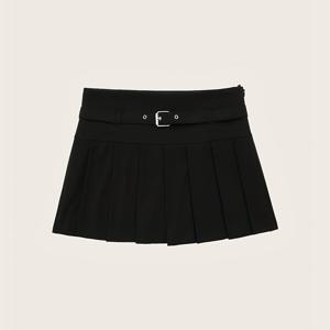 TEMU 여성용 캐주얼 플리츠 스커트, 조절 가능한 허리밴드 - 그레이, 올시즌, 편안한 의류 | 세련된 스커트 | 기능적인 허리밴드