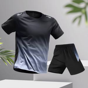 TEMU 남성용 2pcs 그라데이션 컬러 스포츠 세트 - 빠르게 건조되는 반바지 및 피트니스 기어, 반팔, 냉각 효과, 반바지 및 장갑 - 여름 야외 활동, 체육관 의상 및 캐주얼 의상에 이상적, 운동 의상|그라데이션 디자인|폴리에스터 재질|헬스장갑