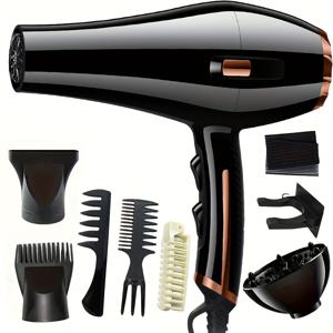 TEMU 전문가용 1300W 살롱 헤어 드라이어 유럽형 플러그 - 고출력 음이온 & 스마트 온도 조절, 접히지 않는 핸들 포함, 디퓨저/노즐/빗/브러시 포함, 홈 & 전문 스타일링용, 매끄러운 광택 마무리, 내구성 있는 구조