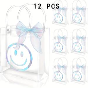 TEMU 12개 세트 레이저 컷 스마일 페이스 & 파스텔 리본 선물 가방 - 튼튼한 PVC 테마 파티 용품, 봄 결혼식, 생일파티, 신부 모임 선물용, 장난기 넘치는 디자인, 무지개 빛 마감