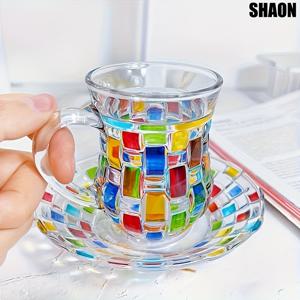 TEMU SHAON 2pcs 화려한 커피 & 차 세트 - 홈, 주방, 레스토랑 및 휴일 모임에 완벽한 컬러풀 기하학적 패턴, 휴일 식탁 장식 | 화려한 디자인 | 내구성 있는 유리, 커피 액세서리|티테이블
