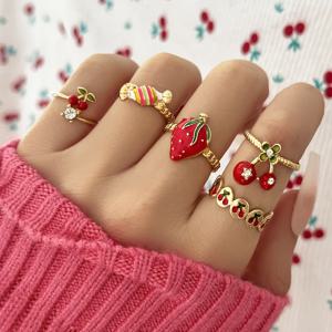 TEMU 5pcs 여성 패션 반지 세트, 귀여운 섹시한 스택킹 합금 반지, 컬러풀한 에나멜 및 라인스톤 - 체리, 딸기 및 과자 디자인, 파티, 음악 축제 및 캐주얼한 옷에 이상적