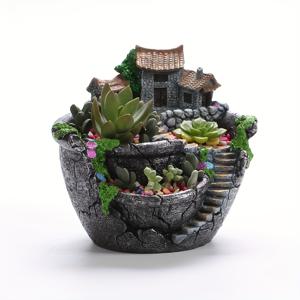 TEMU 1pc 빈티지 스타일 레진 공기 정원 플랜터 - 상아색, 텍스처된 마감으로 수кул 및 녹색을 위한 원형 디자인 - 실내/실외 미세 경관 장식, 정원 장식에 이상적 - 빈티지 플랜터, 현실적인 텍스처, 정원 장식
