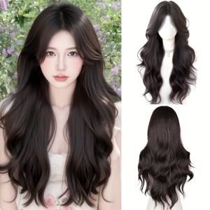 TEMU 우아한 긴 파도 모양의 갈색 및 검은색 합성 모발 wig - 여성용 밀도 곱슬거리는 로즈 넷 캡, 일상 및 특수한 기회에 적합한 자연스러운 스타일, 다재다능한 헤어피스 | 프링글 wig | 편안한 핏 캡