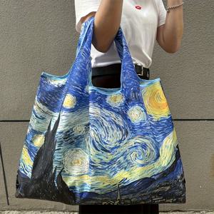 TEMU 반 고흐 별이 빛나는 밤 프린트 접이식 재사용 가능한 장바구니 - 대용량 내구성 있는 패브릭 숄더백, 남녀공용 쇼핑/해변/피크닉 일상용 가방, 예술적 디자인, 튼튼한 손잡이, 쉬운 관리