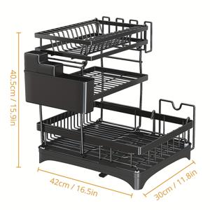 TEMU 1pc 3단 접시 건조 랙, 자동 배수 기능이 있는 싱크 배수기, 분리 가능한 식기 바구니, 회전 스포트, 긁힘 및 미끄럼 방지, 공간 절약, 블랙 앤 화이트 - 주방 사용, 접시 건조 랙|식기건조대|식기건조기