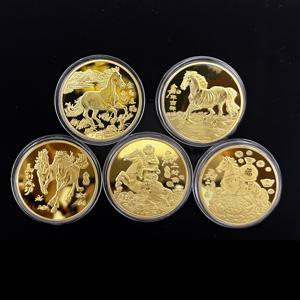 TEMU 5pcs 세트 말년 기념 동전 - 꽃 디자인의 금색 말, 중국 사자로 유명한 행운의 귀걸이 메달, 집 장식이나 선물용으로 수집 가능한 철 동전 세트, 말 장식