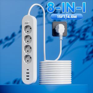 TEMU 3 USB 포트 및 4 AC 콘센트가 있는 전원 스트립, /4.6m 연장 코드, 과전압 보호, 부드러운 전원 표시등, 흰색 - 침실, 거실, 주방, 욕실, 사무실, 벽에 설치할 수 있는 전원 스트립, 사무실 전기 공급, 현대 전기 액세서리, 내구성 있는 전기 액세서리|멀티탭