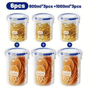TEMU 6개 세트 800ml+1000ml 대용량 밀폐 용기, 과일·식품·곡물·파스타 보관용 냉장고 주방 정리함, 뚜껑 및 스냅락 시스템 포함 식품 관리 솔루션