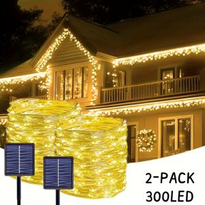 TEMU 2팩 300/200/100LED 야외 태양열 구리 와이어 라이트, 8가지 동적 조명 모드, IP54 고품질, 정원/패티오/축제 장면, 파티 및 결혼식, 크리스마스 나무 장식, 야외 태양열 라이트, 축제 조명, 생동감 있는 조명 디스플레이, 내구성 있는 플라스틱 케이싱
