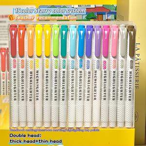 TEMU 15팩 듀얼 헤드 하이라이터, 듀얼 헤드 부드러운 하이라이터, 넓은 및 미세한 팁으로 색칠, 밑줄, 고광택, 두꺼운 마커