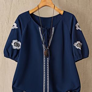 TEMU 플러스 사이즈 - 플러스 사이즈 - 우아한 플러스 사이즈 V넥 블라우스 꽃 자수 - 캐주얼 시크 반팔 탑, 연두색 단색, 사계절용 여성용 다용도 셔츠, 캐주얼 시크 탑|V넥 블라우스|약간의 신축성 원단