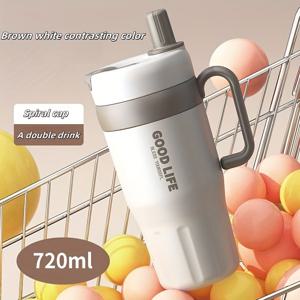 TEMU 1개 304 스테인리스 스틸 더블월드 핸들 텀블러, 720ml 대용량 스포츠 컵 with 스트로우 – 휴대용 야외 여행 머그컵, 차량 및 아웃도어 필수 고용량 물병|텀블러|트래블보틀