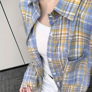 TEMU 여성용 빈티지 블루 & 옐로우 깅엄 체크 블라우스 - 시크한 봄/가을 캐주얼 시크 탑, 버튼 디테일과 루즈핏, 세련된 디자인으로 캐주얼 의상이나 특별한 날에 완벽함, 스프링 패션 탑 | 버튼다운 셔츠 | 스타일리시한 버튼 디테일
