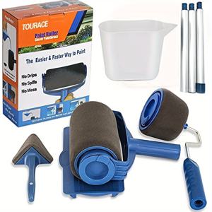 TEMU 8PCS 투레이스 페인트 롤러 세트 - 퀵 & 이지 DIY 방꾸미기, 노-드립 트레이, 2개 정밀 에지링 툴, 블루 핸들 3개 롤러, 2개 트레이 포함 - 부드러운 벽면 페인팅에 이상적, 벽면 페인트 롤러