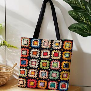 TEMU 1개 대용량 토트백 - 접이식 & 넉넉한 여성용 일상 가방, 컬러풀한 크로셰 사각 패턴 (레드, 그린, 블루, 옐로우, 핑크, 오렌지, 블랙) - 여행, 쇼핑, 캠핑용 내구성 폴리에스터 - 여성 선물 추천, 피크닉 필수 캐리어