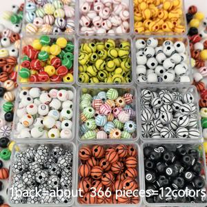 TEMU 366개 12가지 스타일 - 8mm 내구성 아크릴 스포츠 비즈, 농구, 축구, 배구 디자인, 다용도 스페이서 비즈 - 귀걸이, 팔찌, 목걸이 제작용 라운드 스페이서 - 무한한 디자인 가능성