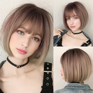 TEMU 남성용 합성 숏 밥 가발 - 로즈 블론드 다크 루트, 고밀도 150% 레이어드 헤어, 자연스러운 커튼 앞머리, 일상 및 특별한 날을 위한 여성용 가발 (살롱 퀄리티), 짧은 머리 스타일링, 세련된 패션 액세서리, 안전 핏 캡