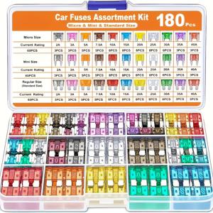 TEMU 180개 자동차 퓨즈 키트, 60개 미니 블레이드 퓨즈, 60개 표준 자동차 퓨즈, 60개 퓨즈, 1개 퓨즈 풀러 포함, 자동차, RV, 트럭, 오토바이용