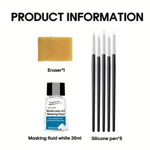 TEMU 30ml/1oz 쉬운 필링 워터컬러 마스킹 플루이드 키트 (지우개 및 실리콘 펜 5개 포함) - 색상 보존과 선명한 가장자리, 초보자를 위한 수채화 도구