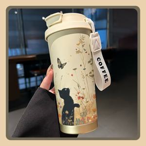 TEMU 17.92온스 스테인리스 스틸 보온 커피컵 블랙 캣 & 플로럴 디자인 - 뜨거운 & 차가운 음료용 듀얼 드링크 텀블러, 뚜껑이 있는 휴대용 여행 머그컵, 사무실, 발렌타인데이 및 생일 선물에 완벽한 커피 여행 머그컵, 재미있는 디자인, 내구성 있는 음료 용기|텀블러