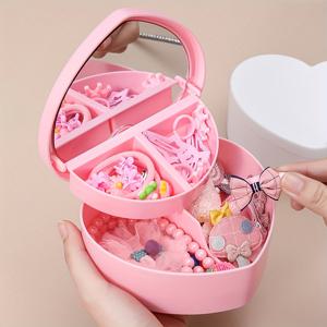 TEMU 매력적인 핑크 하트 모양 이중 데크 거울 보관함 - 보석 및 액세서리용 다기능 데스크탑 정리함, 패브릭 안감 수납칸, 클래식 디자인, 전원 필요 없음, 보석 상자