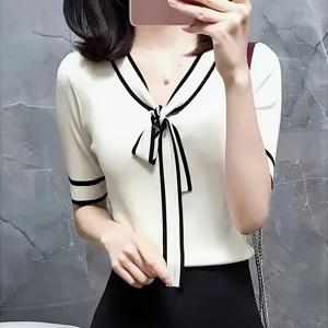 TEMU 2024 여름 여성용 캐주얼 V넥 반팔 탑, 리본 타이 디테일 & 소매 - 블랙 대비, 중간 신축성, 레귤러 핏, 사계절 패션, 비투명 소재