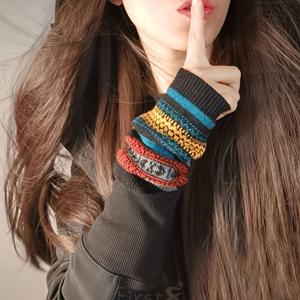 TEMU 커버버터 자카드 니트 암 워머 - 여성용 탄성 컬러 블록 겨울 패션 슬리브릿, 실 염색 공예, 깃털 없음, 따뜻함을 위한 폴리아미드 소재, 외출에 적합|팔토시