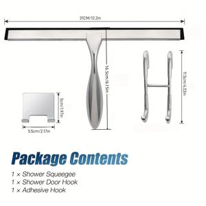 TEMU 1개 샤워 스퀴지 및 유리 스퀴지 세트, 다기능 샤워 스퀴지, 바닥 스퀴지/바닥 와이퍼, 샤워 유리 스퀴지, 창문 청소 스퀴지, 스테인리스 스틸 소재, 자국 없는 청소, 욕실 샤워 유리문, 가정용 거울, 자동차 창문에 적합, 접착식 마운트 및 샤워 도어 후크 포함, 크리스마스 및 할로윈 축제 후 창문 청소에 이상적