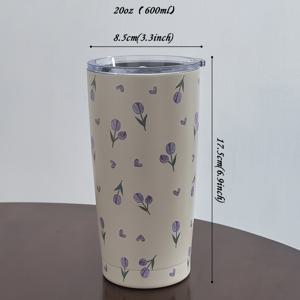 TEMU 1pc, 보라색 사랑 튤립 텀블러, 이중 벽 스테인레스 스틸 물병, 물 컵, 여름 겨울 음료 용기, 여행 액세서리, 선물, 빨대 없음