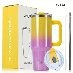 TEMU 1개 40Oz 304 스테인리스 스틸 내외면 뉴 그라데이션 페인트 핸들 컵 (새 AS 빨대 뚜껑 2개 포함), 304 스테인리스 스틸 빨대 1개, 스테인리스 스틸 빨대 브러쉬 1개, 100% 밀폐 및 누수 방지 고진공 단열 컵, 식기세척기 사용 가능, 색상 맞춤 화이트 카드 컬러 박스 포함, 훌륭한 선물 컵|텀블러