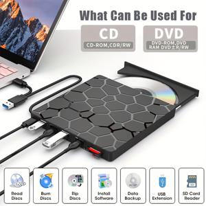 TEMU USB 3.0 휴대용 외부 CD/DVD 드라이브 - 얇고 소형, 배터리 없음, PC, Mac, Windows 11/10/8/7, Linux와 호환 - 읽기/쓰기, 버닝, 리핑, 소프트웨어 설치, 데이터 백업, USB 확장, SD 카드 리더, DVD/CD/VCD 호환, 노트북 액세서리 | 현대적인 미적 감각 | 컴팩트한 크기, 외부 하드 드라이브
