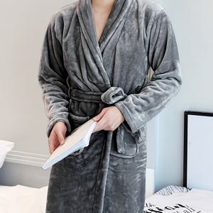 TEMU 가을 겨울 남녀공용 두꺼운 플란넬 목욕 가운, 긴팔 솔리드 컬러 라운지웨어|샤워가운