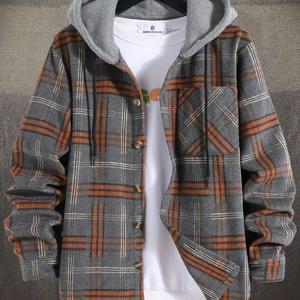 TEMU 남성 캐주얼 플레드 후드 재킷 - 버튼 디테일 - 100% 폴리에스테르 비늘 스트레치 원단, 후드가 달린 루즈핏 울 겉옷, 봄/여름/가을에 다재다능