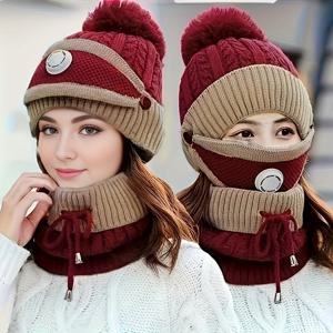 TEMU 3PCS～여성용 가을 겨울 두꺼운 플리스 따뜻한 귀 보호 모자 세트, 추가 솜이 있는 마스크 모자 스카프