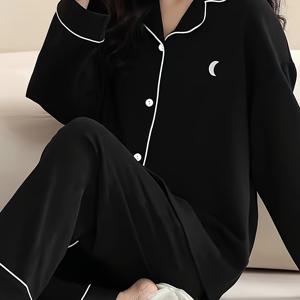 TEMU 시크한 여성용 파자마 세트 - 포근한 폴리에스테르 & 엘라스테인 혼방, 달 프린트, 긴팔 버튼업 탑과 라펠 칼라 & 신축성 있는 허리 밴드 바지, 가을/겨울용