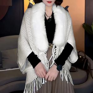 TEMU 1개의 우아한 여성용 니트 숄, 퍼 칼라 포함 – 두꺼운 폴리에스테르 자카드, 술 장식, 따뜻하고 스타일리시 – 캐주얼 외출 및 바람 보호에 완벽