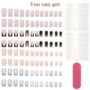 TEMU 96개 중간 길이 혼합 색상 프레스온 인조 손톱 세트. 화려한 프렌치 풀 커버리지 인조 손톱에 금색 및 은색 글리터 그라데이션이 특징이며, 여성에게 적합한 광택 있는 인조 손톱 장식입니다.