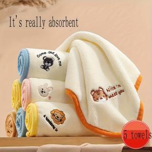 TEMU 5pcs 슈퍼 소프트 동물 자수 사각 타월, 편안한 흡수성 다용도 수건, 모든 사람에게 필수적인 만화 타월, 욕실 용품, 가정 용품