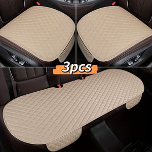 TEMU 리넨 텍스처 자동차 시트 쿠션 3pcs 세트, 소형 마름모 자수, 사계절용 범용 쿠션, 수납 포켓 포함, 앞좌석 2개 + 뒷좌석 1개, 세트