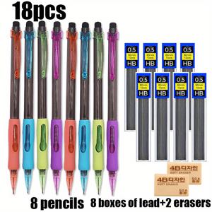 TEMU 18pcs/set 0.5/0.7/0.9mm 교체 가능한 납 코어 사이드 프레스 기계식 자동 펜, 글쓰기, 그림 그리기, 사무용품, 미세한 글쓰기 도구 (8 펜 + 8 납 상자 + 2 지우개), 다용도 기계식 펜 세트 | 기계식 펜 | 내구성이 뛰어난 기계식 펜, 펜질자