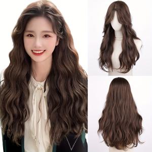 TEMU 여성용 브라운 가발, 롱 웨이브 체스넛 브라운 26인치 미들 파트 합성 내열 가발 데일리 파티 데이트용 - 우아한 스타일, 로즈 넷 캡, 130% 밀도, 컬리 웨이브, 고온 섬유