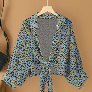 TEMU 여성용 프린트 셔폰 반팔 블라우스 - 봄/여름용 캐주얼, 여유로운 핏, 앞에 넥타이가 있는 상의, 캐주얼한 의상| 프린트 상의|셔폰 소재