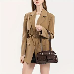 TEMU 여성용 스타일리시 블랙 합성 가죽 숄더백 – 슬림한 겨드랑이 핸드백, 더블 지퍼 수납공간, 경량 & 다용도 디자인, 업무 및 여행에 완벽, 핸드백, 기능적 패션|가죽가방