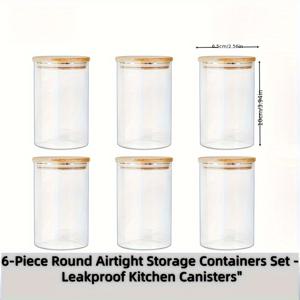 TEMU 6pcs 라운드 에어타이트 유리 보관용기, 바마루 뚜껑이 달린 통밀, 곡물 및 냉장고 정리, 재사용 가능하고 식기세척기 안전, 플립 탑 클로저, 시리얼 용기|투명 디자인|누출 방지 뚜껑