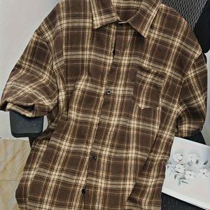 TEMU 남성 캐주얼 플레디 반팔 셔츠 - 노란색, 파란색 및 빨간색 지니엄 체크 패턴, 버튼업 칼라, 가벼운 봄/여름 상의, 캐주얼 의상, 캐주얼 여름 의류 | 지니엄 체크 셔츠 | 비스턴드 원단