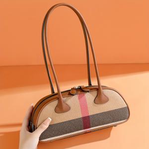TEMU 온디 여성용 빈티지 체크 & 소가죽 메신저백 & 바게트 클러치 - 카라멜 브라운/블랙, 조절 가능한 스트랩, 지퍼 잠금, 나일론 안감 - 사계절 출퇴근 및 여행용 핸드백, 사무직 여성용 가방, 카우걸 퍼스, 데일리 커뮤팅 액세서리, 투톤 디자인, 튼튼한 손잡이 구조