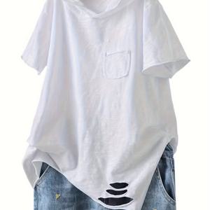 TEMU 여성 캐주얼 후드 티셔츠 - 루즈핏, 반팔, 아티스틱 디스트레스드 디자인, 여름 상의, 캥거루 포켓, 다용도 레이어링 피스, 올시즌 상의 | 캥거루 포켓 상의 | 글로시 텍스처