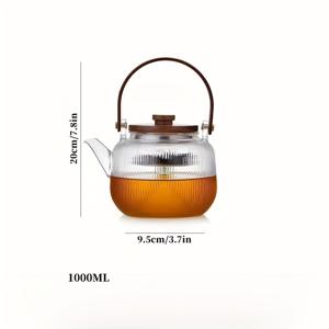 TEMU 1개 고강도 보로실리케이트 유리 티포트 뚜껑 및 손잡이 포함 - 1000ml 대용량, 내열성 투명 수직 줄무늬 디자인, 잎차 및 허브 차 용기, 주방 및 식당용, 우아한 주방용품, 천연 섬유 손잡이